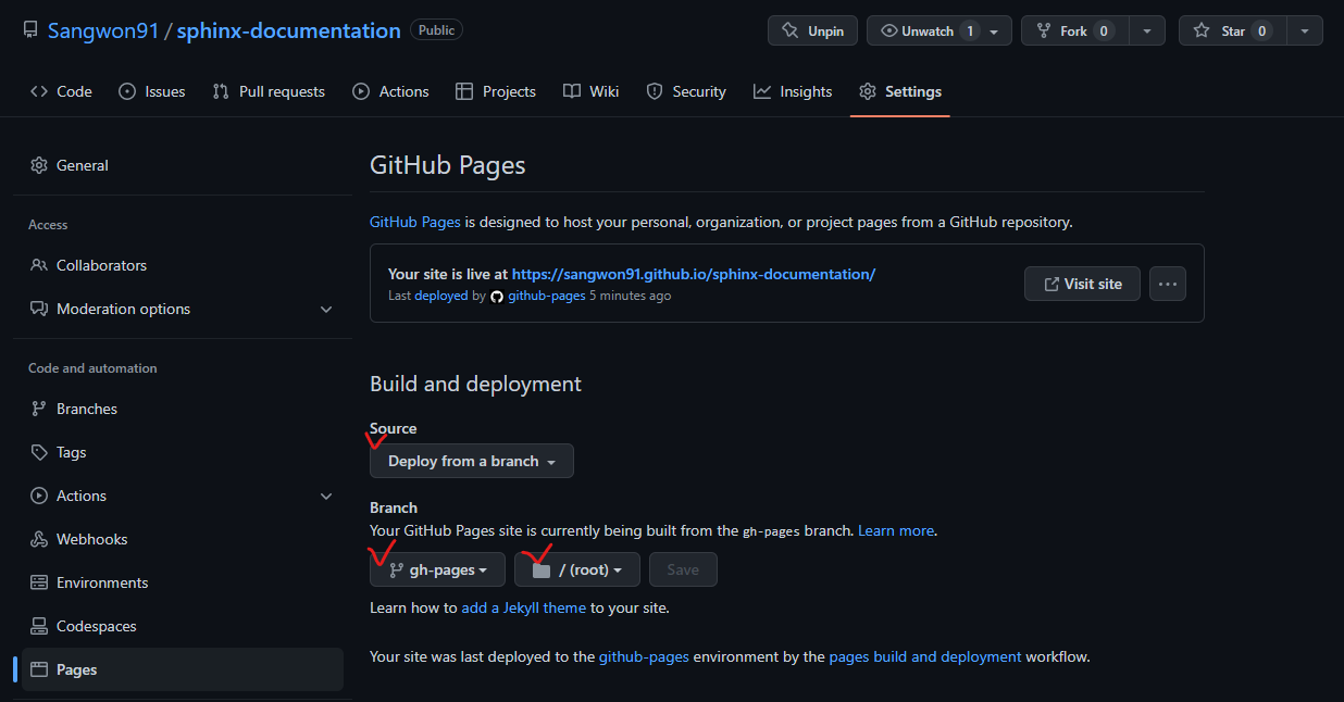 Github Actions를 사용하여 Github Pages에 업로드 하기 - Sphinx Usage Documentation